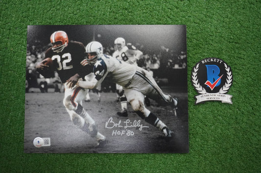 BOB LILLY DALLAS COWBOYS SIGNED 8x10 PHOTO vs JIM BROWN w/HOF 80 BAS COA