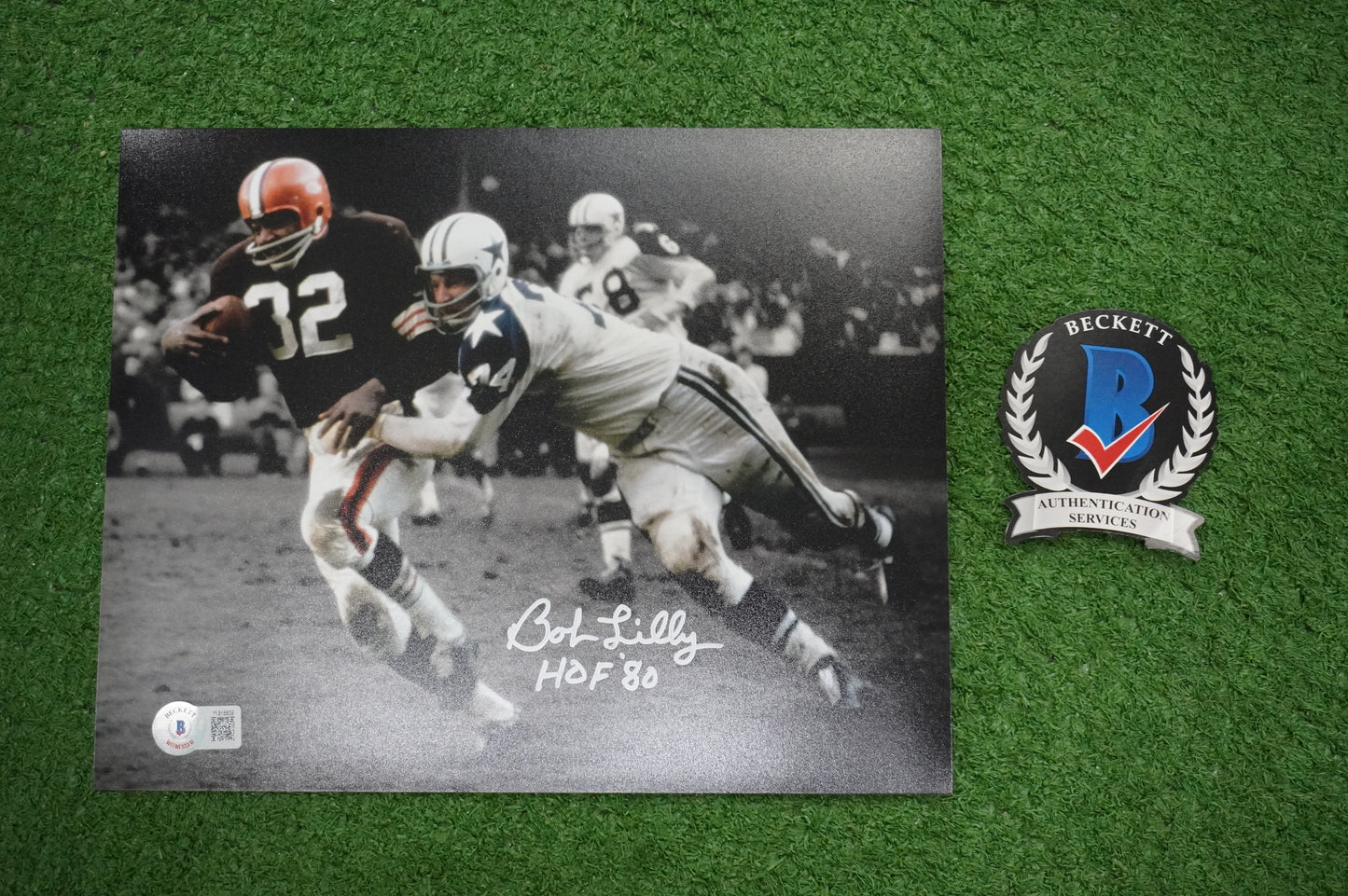 BOB LILLY DALLAS COWBOYS SIGNED 8x10 PHOTO vs JIM BROWN w/HOF 80 BAS COA