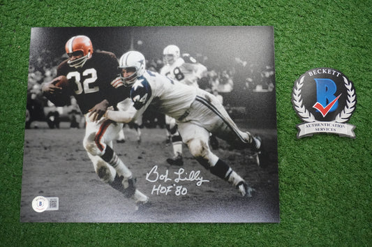 BOB LILLY DALLAS COWBOYS SIGNED 8x10 PHOTO vs JIM BROWN w/HOF 80 BAS COA