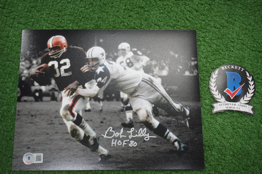 BOB LILLY DALLAS COWBOYS SIGNED 8x10 PHOTO vs JIM BROWN w/HOF 80 BAS COA