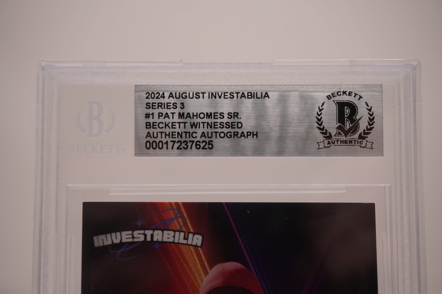 PAT PATRICK MAHOMES SR. SIGNED 2024 AUG INVESTABILIA #1 BGS BAS SLAB Chiefs Twins