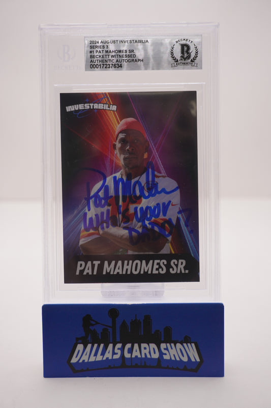 PAT PATRICK MAHOMES SR. SIGNED 2024 AUG INVESTABILIA #1 BGS BAS SLAB Chiefs Twins