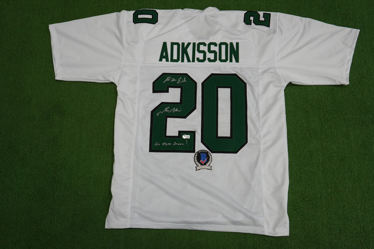 KEVIN VON ERICH ADKISSON NORTH TEXAS MEAN GREEN SIGNED White JERSEY Size XL BAS