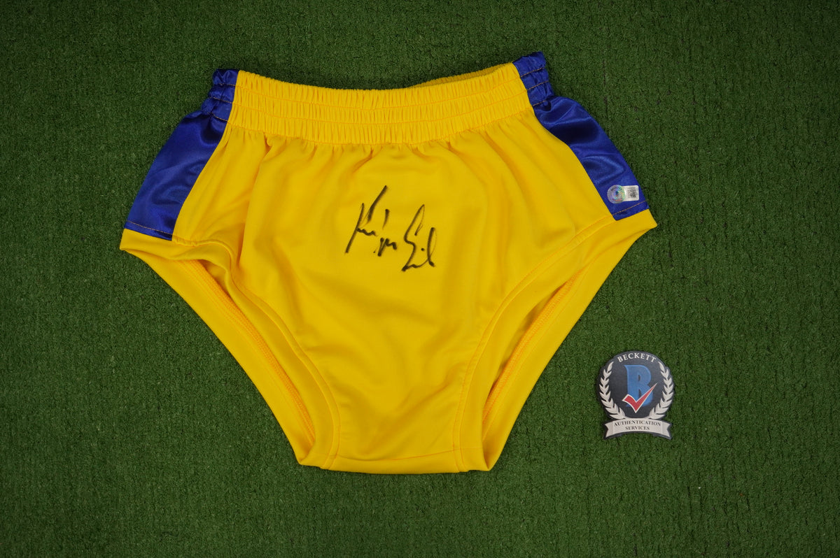 KEVIN VON ERICH SIGNED WRESTLING YELLOW and BLUE TRUNKS BAS COA
