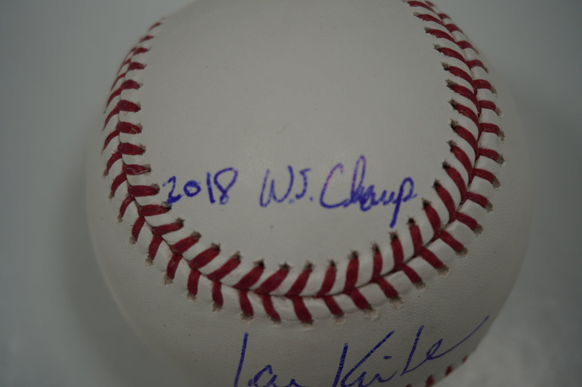 IAN KINSLER TEXAS RANGERS SIGNED Rawlings OML BASEBALL w/2018 WS Champ BAS