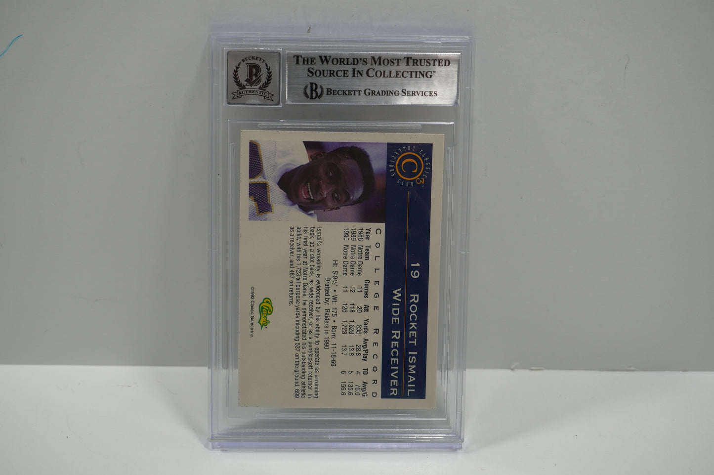 RAGHIB ROCKET ISMAIL SIGNED BGS BAS Slab 1992-93 Classic C3 #19 Notre Dame AUTO 10