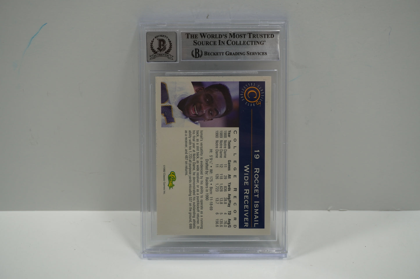 RAGHIB ROCKET ISMAIL SIGNED BGS BAS Slab 1992-93 Classic C3 #19 Notre Dame AUTO 10