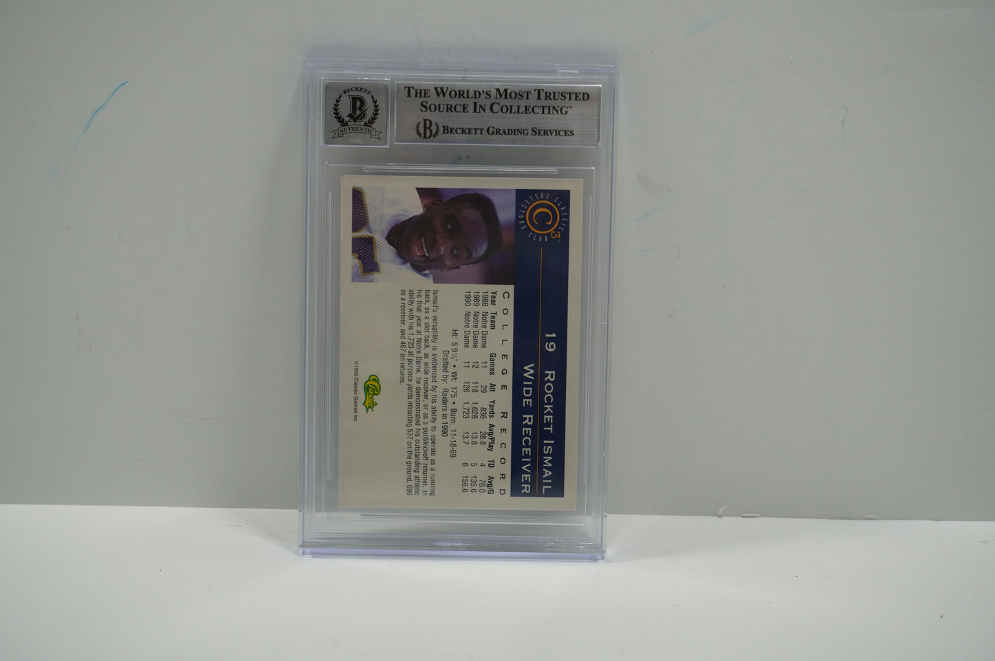 RAGHIB ROCKET ISMAIL SIGNED BGS BAS Slab 1992-93 Classic C3 #19 Notre Dame AUTO 10