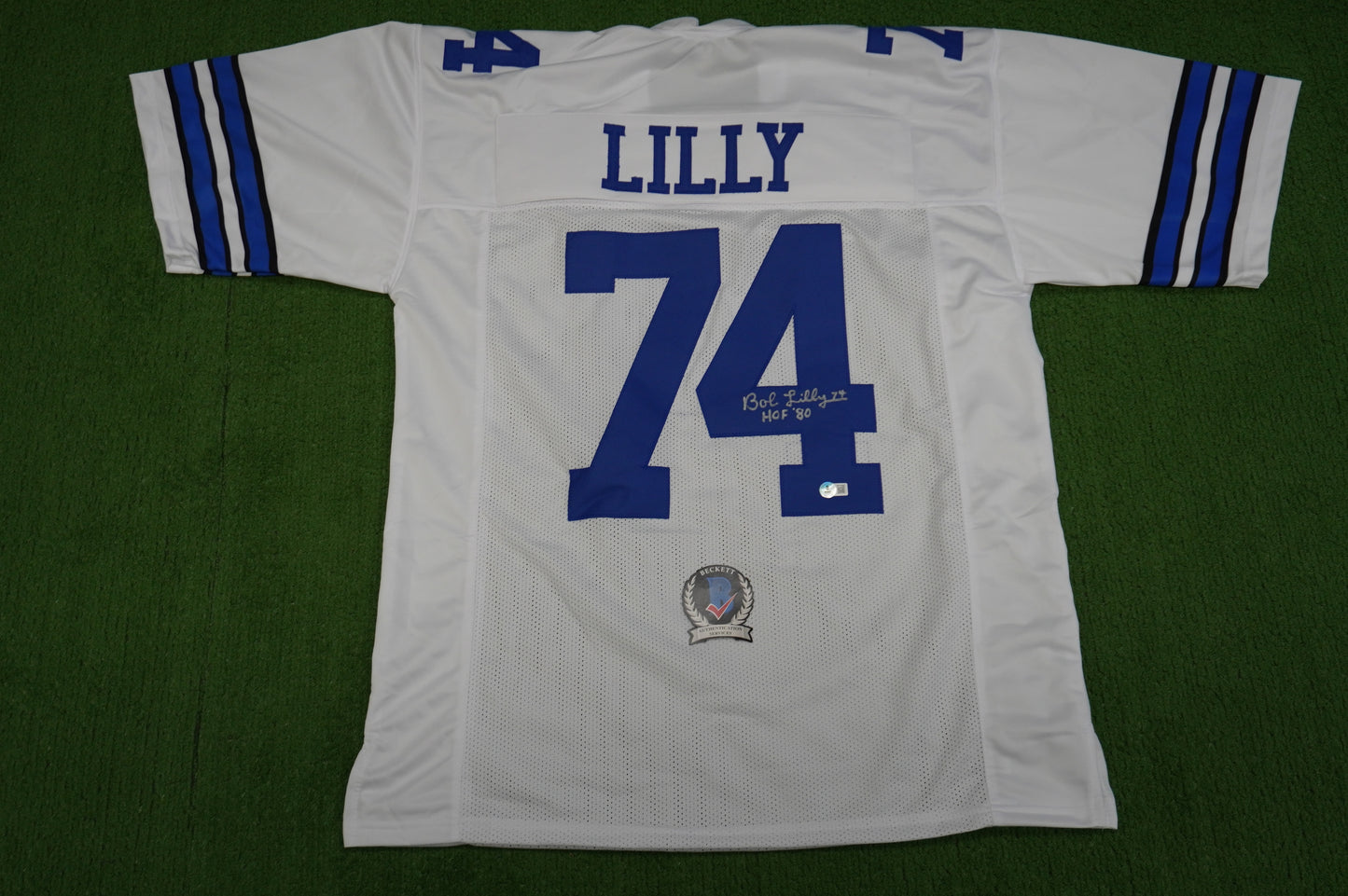 BOB LILLY SIGNED WHITE JERSEY Size XL Dallas Cowboys w/HOF 80 BAS COA