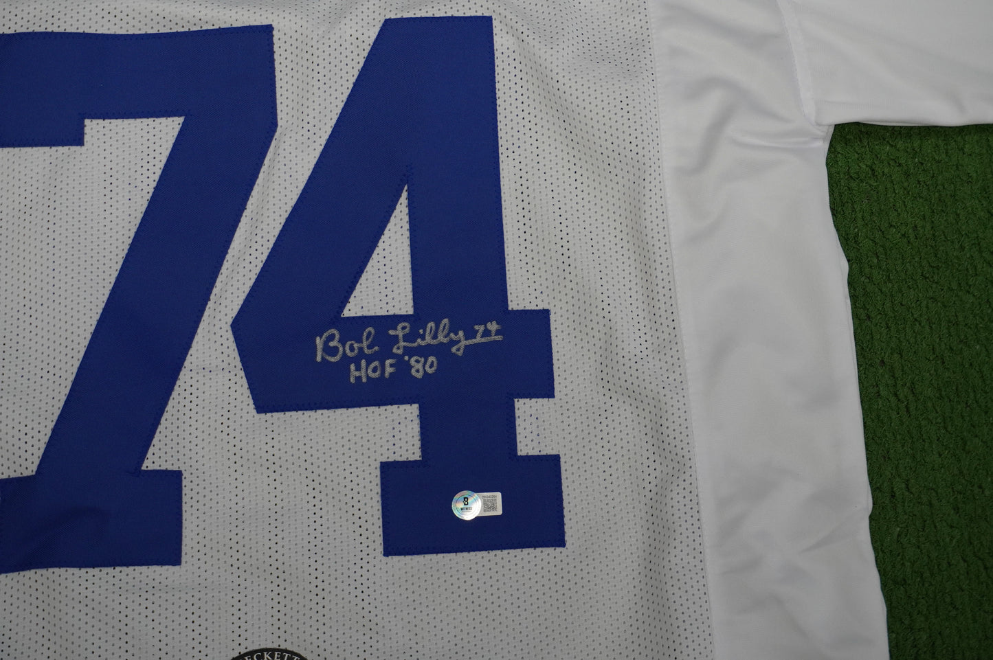 BOB LILLY SIGNED WHITE JERSEY Size XL Dallas Cowboys w/HOF 80 BAS COA