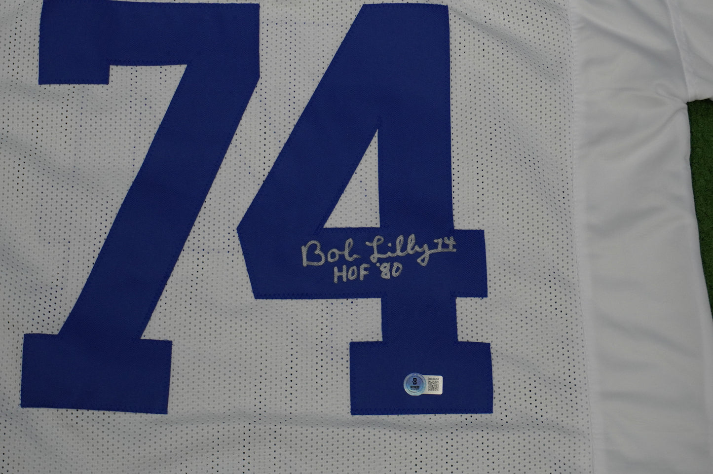 BOB LILLY SIGNED WHITE JERSEY Size XL Dallas Cowboys w/HOF 80 BAS COA