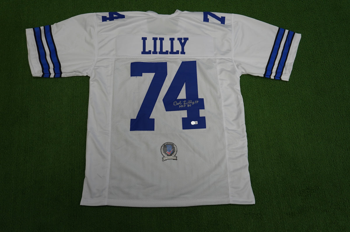 BOB LILLY SIGNED WHITE JERSEY Size XL Dallas Cowboys w/HOF 80 BAS COA