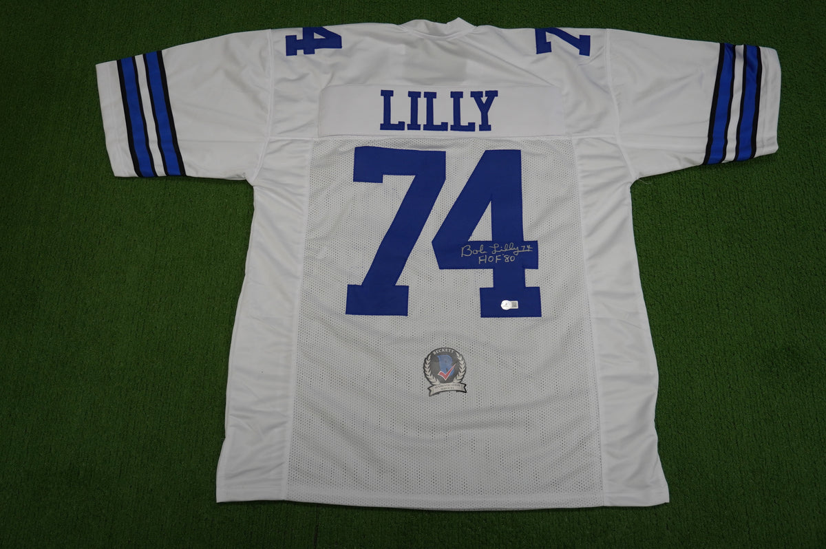 BOB LILLY SIGNED WHITE JERSEY Size XL Dallas Cowboys w/HOF 80 BAS COA