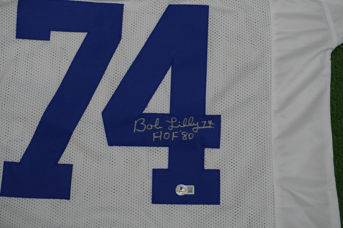 BOB LILLY SIGNED WHITE JERSEY Size XL Dallas Cowboys w/HOF 80 BAS COA