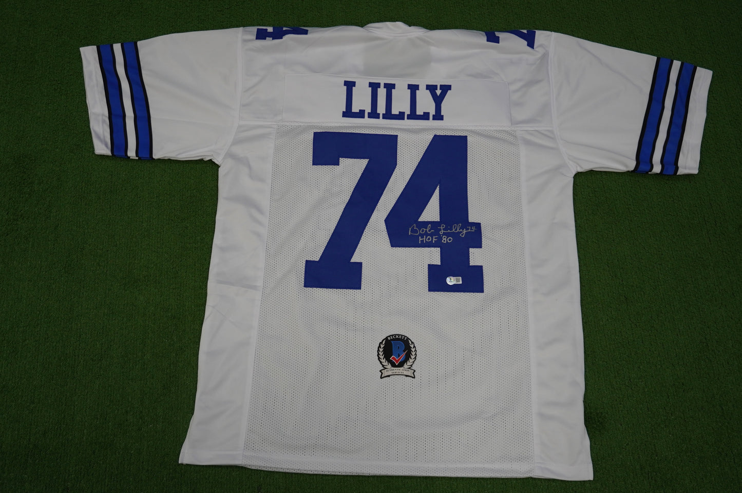 BOB LILLY SIGNED WHITE JERSEY Size XL Dallas Cowboys w/HOF 80 BAS COA