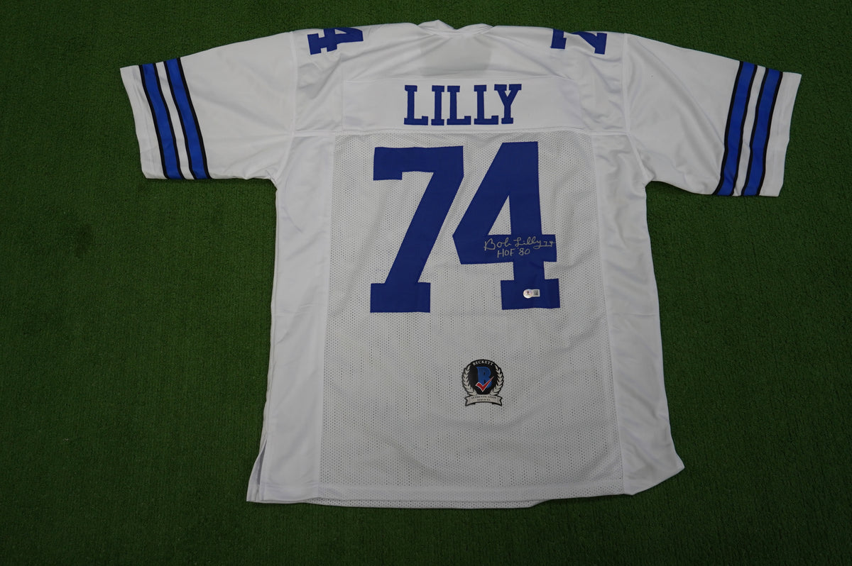 BOB LILLY SIGNED WHITE JERSEY Size XL Dallas Cowboys w/HOF 80 BAS COA