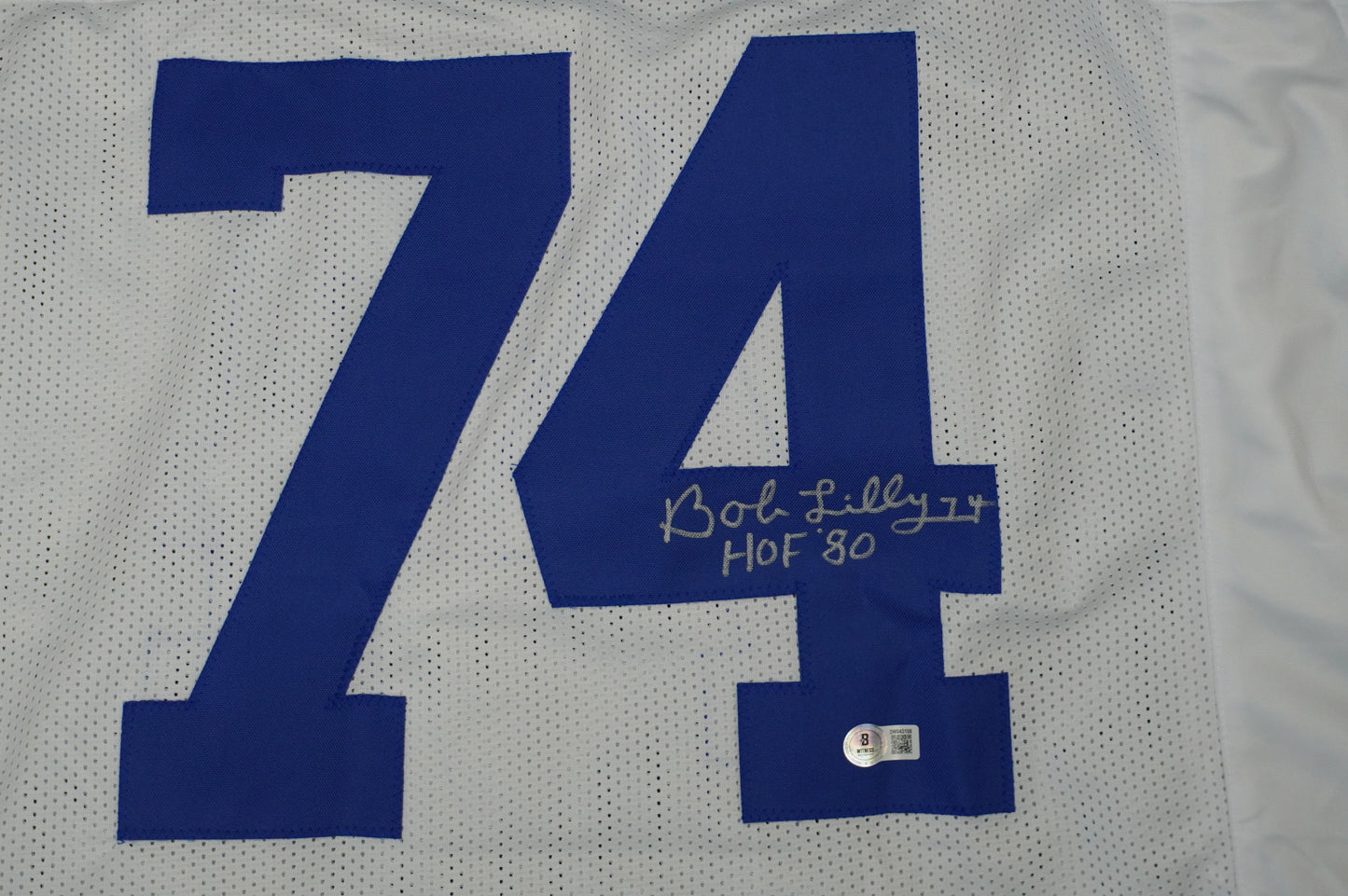 BOB LILLY SIGNED WHITE JERSEY Size XL Dallas Cowboys w/HOF 80 BAS COA