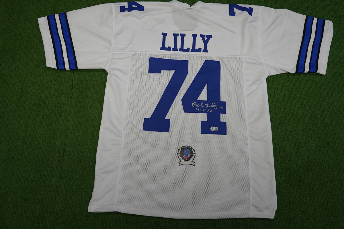 BOB LILLY SIGNED WHITE JERSEY Size XL Dallas Cowboys w/HOF 80 BAS COA