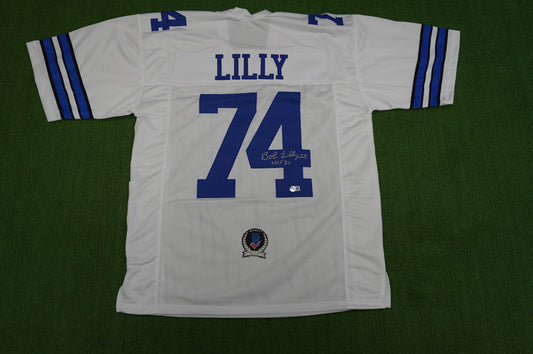 BOB LILLY SIGNED WHITE JERSEY Size XL Dallas Cowboys w/HOF 80 BAS COA