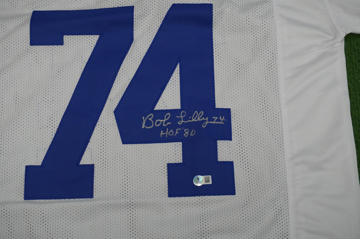 BOB LILLY SIGNED WHITE JERSEY Size XL Dallas Cowboys w/HOF 80 BAS COA