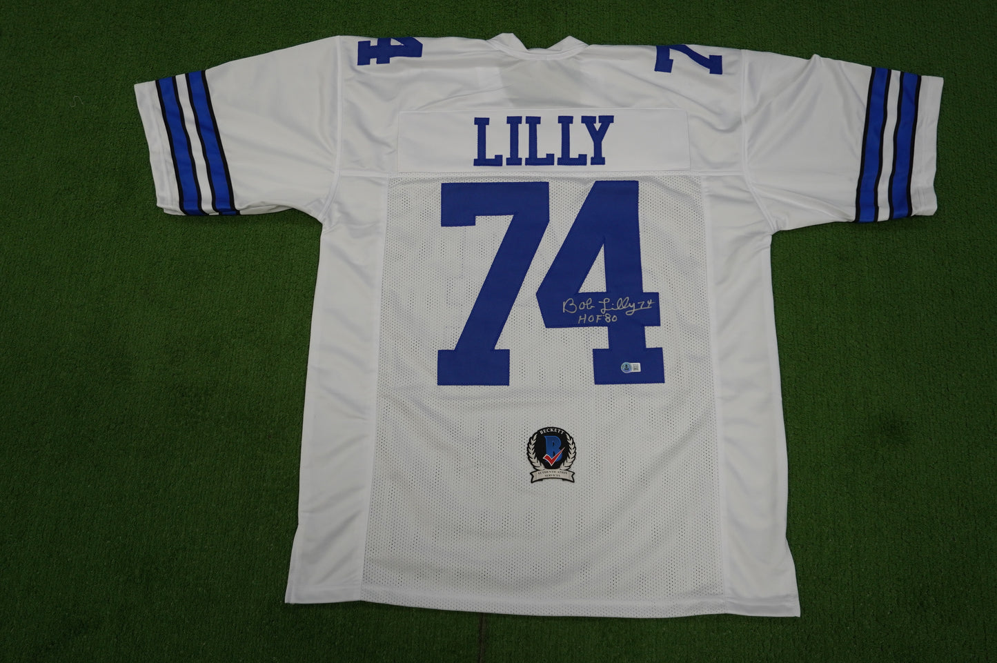 BOB LILLY SIGNED WHITE JERSEY Size XL Dallas Cowboys w/HOF 80 BAS COA