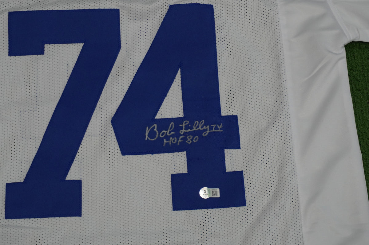 BOB LILLY SIGNED WHITE JERSEY Size XL Dallas Cowboys w/HOF 80 BAS COA