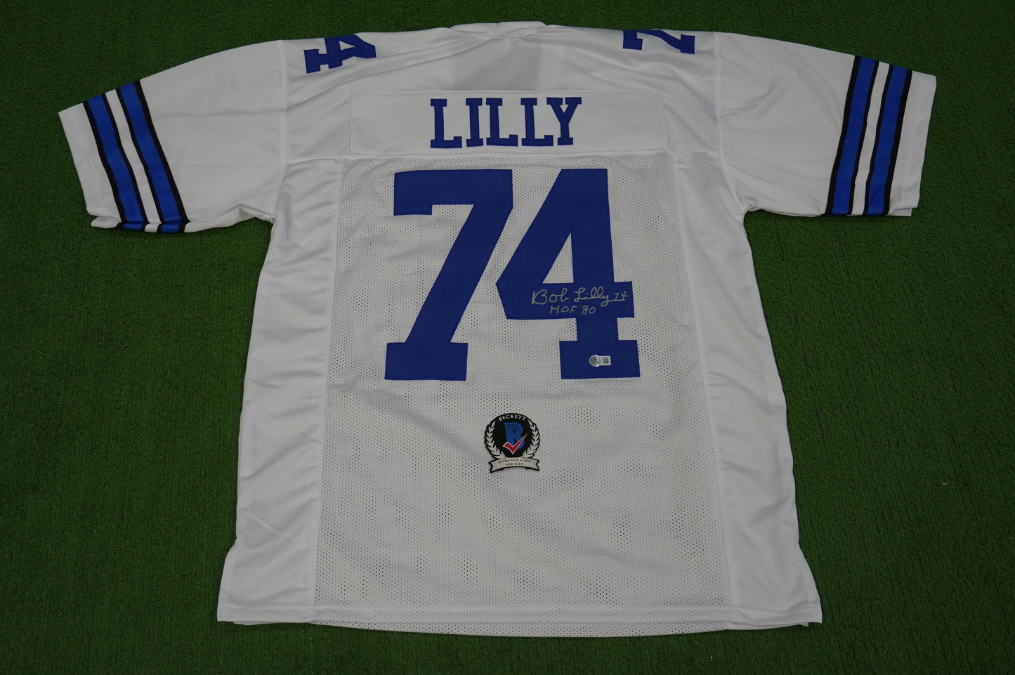 BOB LILLY SIGNED WHITE JERSEY Size XL Dallas Cowboys w/HOF 80 BAS COA