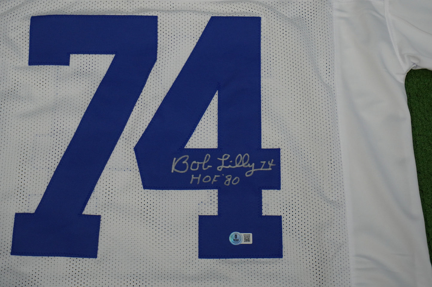BOB LILLY SIGNED WHITE JERSEY Size XL Dallas Cowboys w/HOF 80 BAS COA