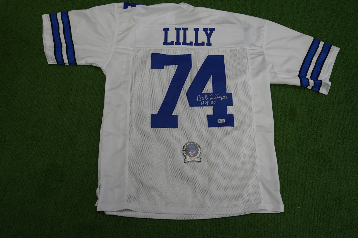 BOB LILLY SIGNED WHITE JERSEY Size XL Dallas Cowboys w/HOF 80 BAS COA