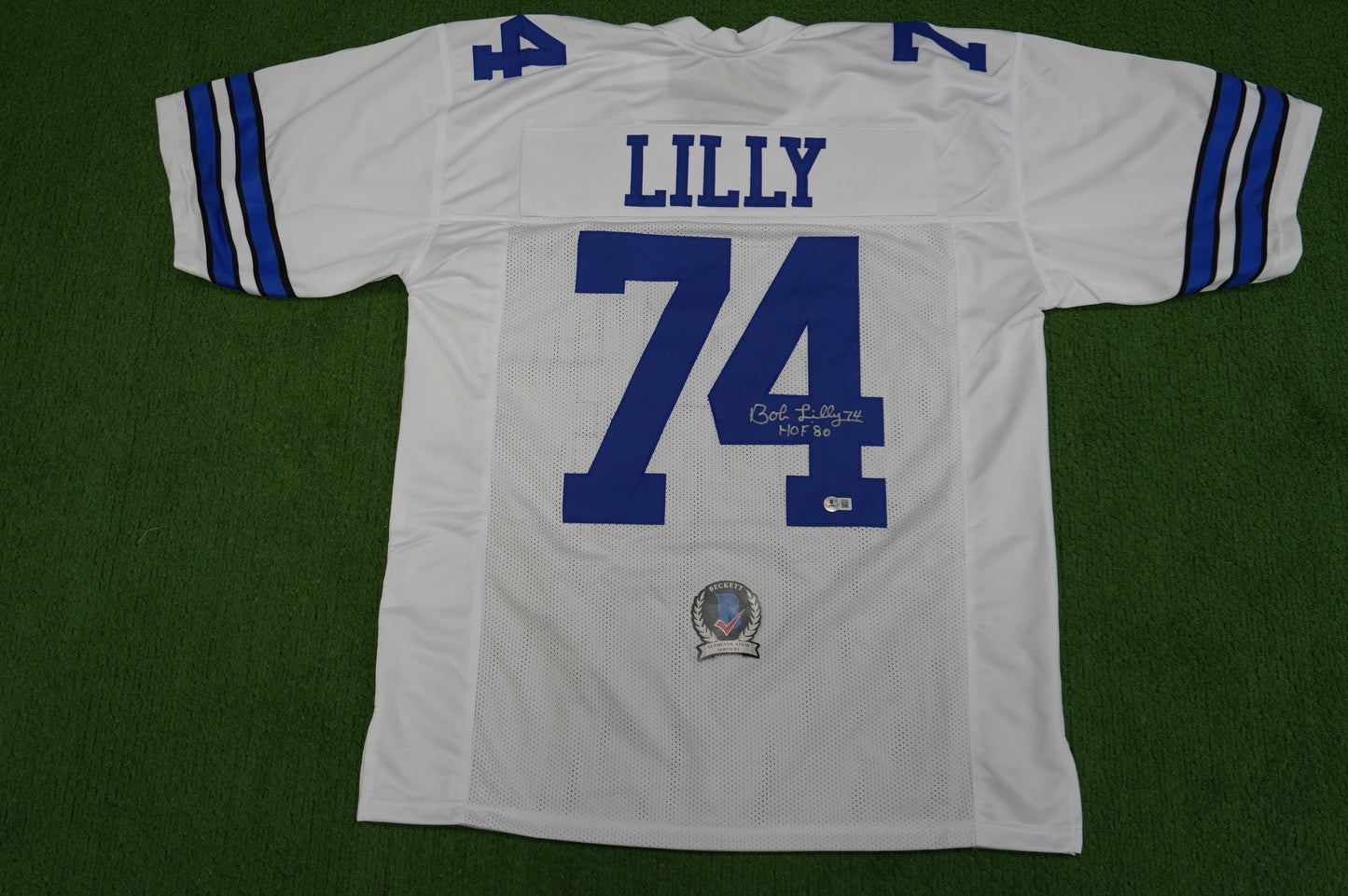 BOB LILLY SIGNED WHITE JERSEY Size XL Dallas Cowboys w/HOF 80 BAS COA