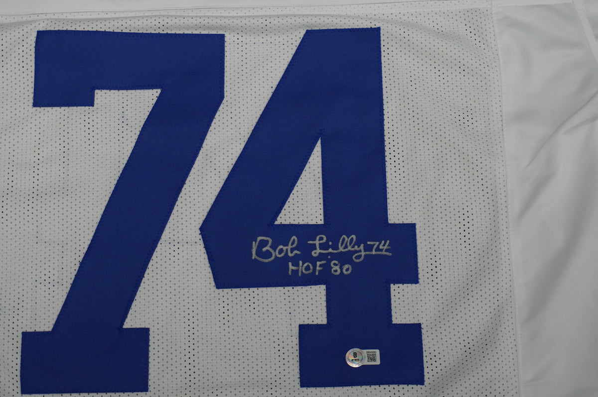BOB LILLY SIGNED WHITE JERSEY Size XL Dallas Cowboys w/HOF 80 BAS COA