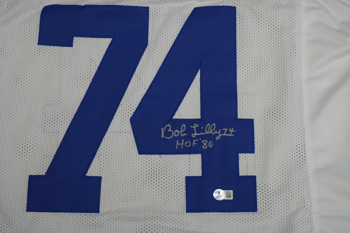BOB LILLY SIGNED WHITE JERSEY Size XL Dallas Cowboys w/HOF 80 BAS COA