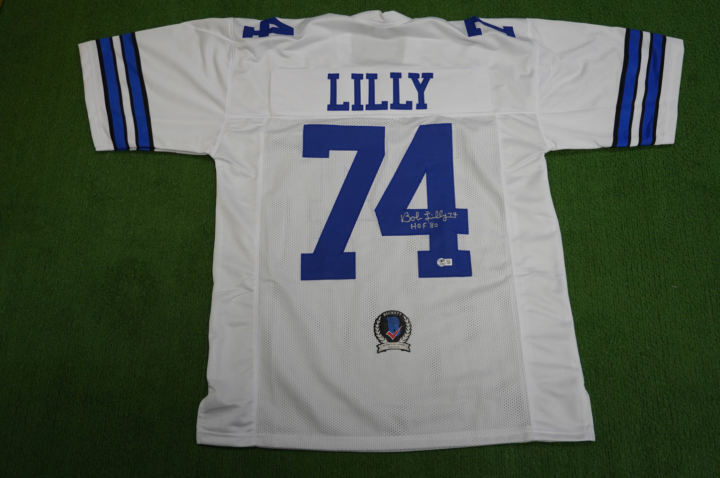 BOB LILLY SIGNED WHITE JERSEY Size XL Dallas Cowboys w/HOF 80 BAS COA