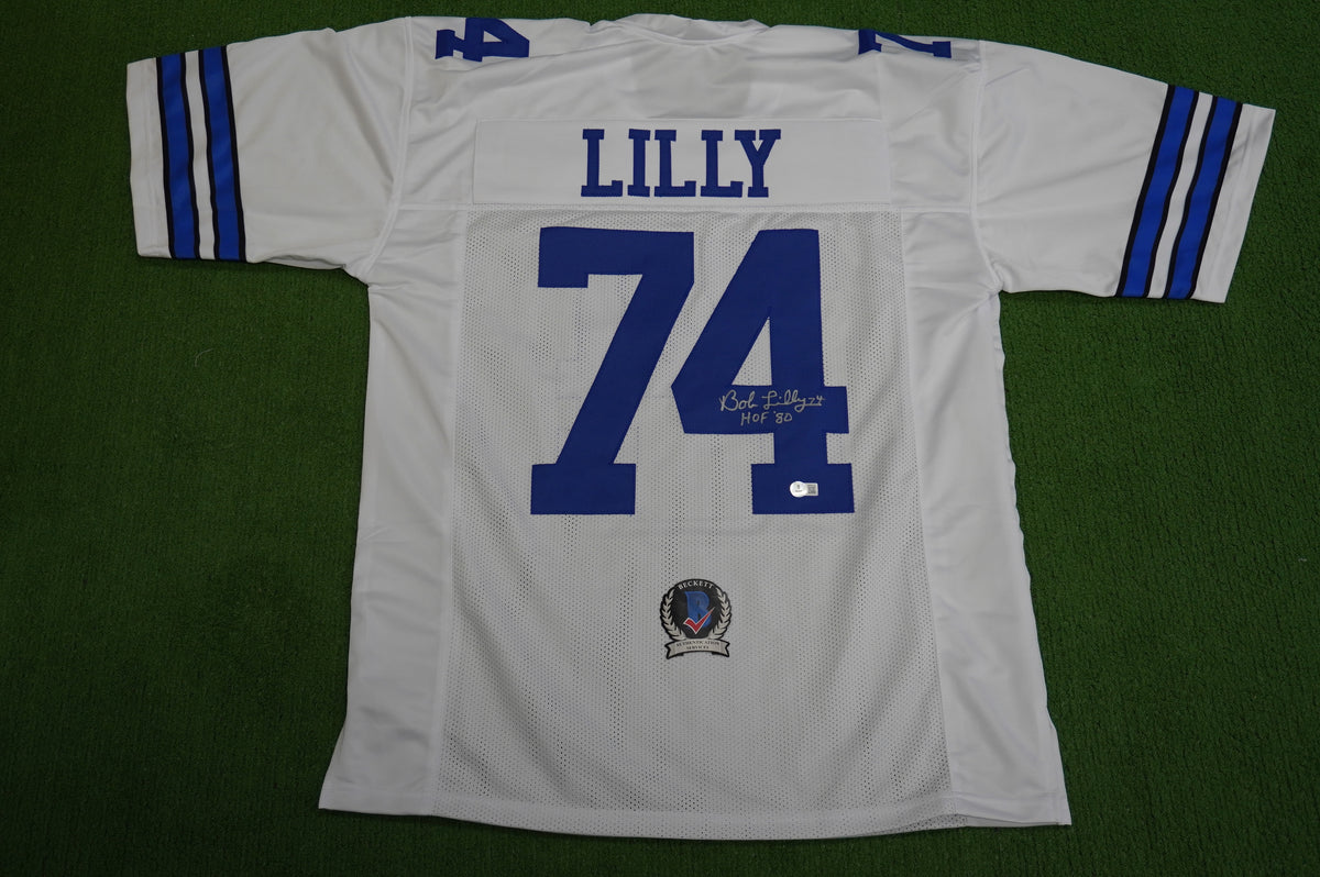 BOB LILLY SIGNED WHITE JERSEY Size XL Dallas Cowboys w/HOF 80 BAS COA