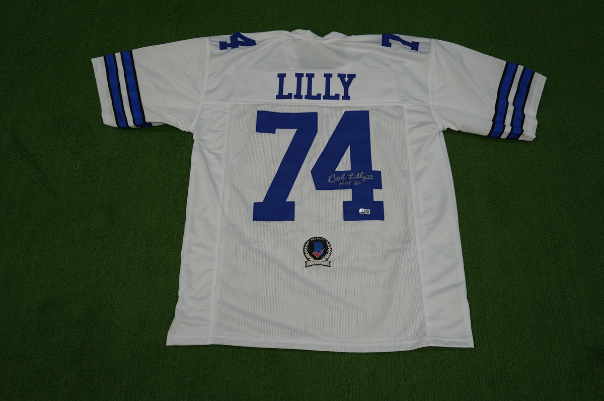 BOB LILLY SIGNED WHITE JERSEY Size XL Dallas Cowboys w/HOF 80 BAS COA
