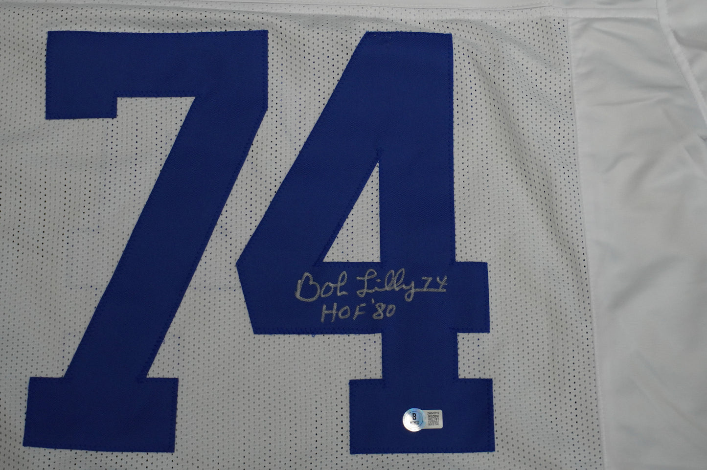 BOB LILLY SIGNED WHITE JERSEY Size XL Dallas Cowboys w/HOF 80 BAS COA