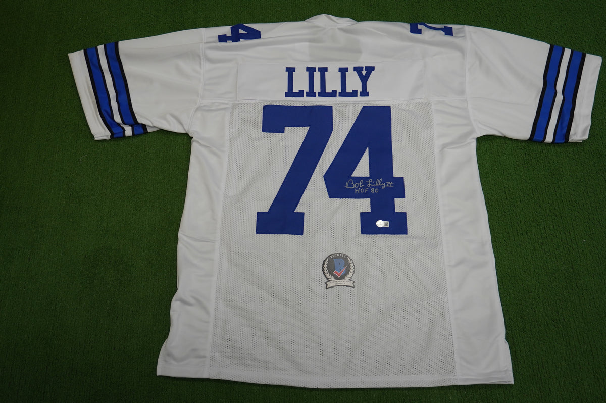 BOB LILLY SIGNED WHITE JERSEY Size XL Dallas Cowboys w/HOF 80 BAS COA