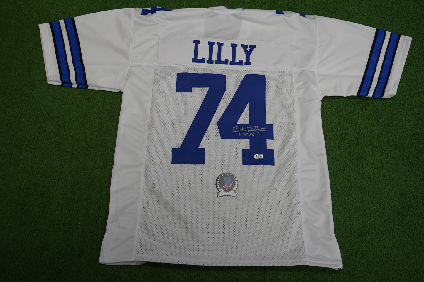 BOB LILLY SIGNED WHITE JERSEY Size XL Dallas Cowboys w/HOF 80 BAS COA