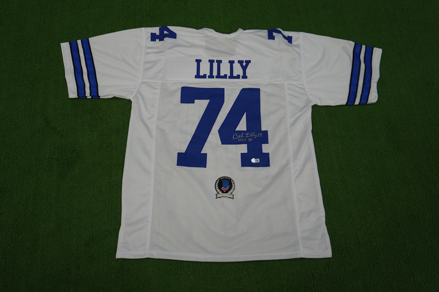 BOB LILLY SIGNED WHITE JERSEY Size XL Dallas Cowboys w/HOF 80 BAS COA