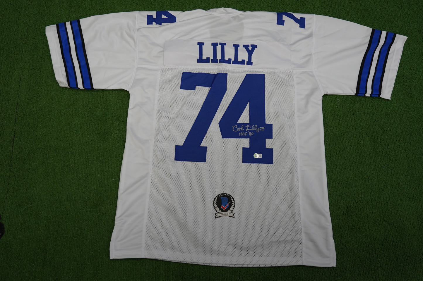 BOB LILLY SIGNED WHITE JERSEY Size XL Dallas Cowboys w/HOF 80 BAS COA