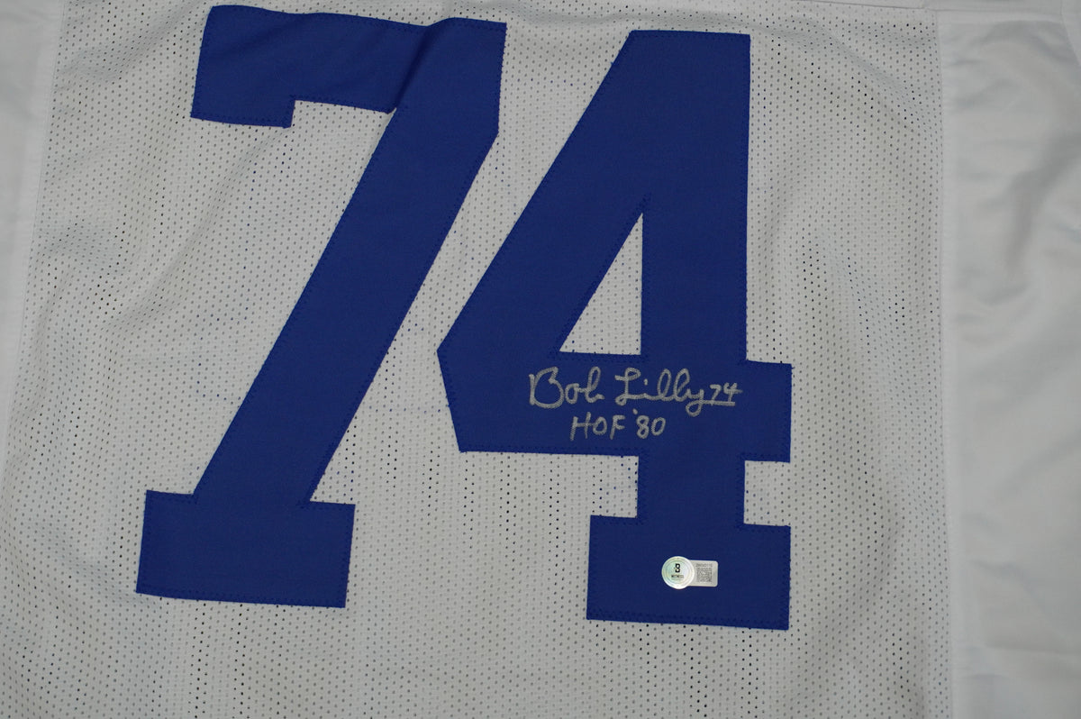 BOB LILLY SIGNED WHITE JERSEY Size XL Dallas Cowboys w/HOF 80 BAS COA