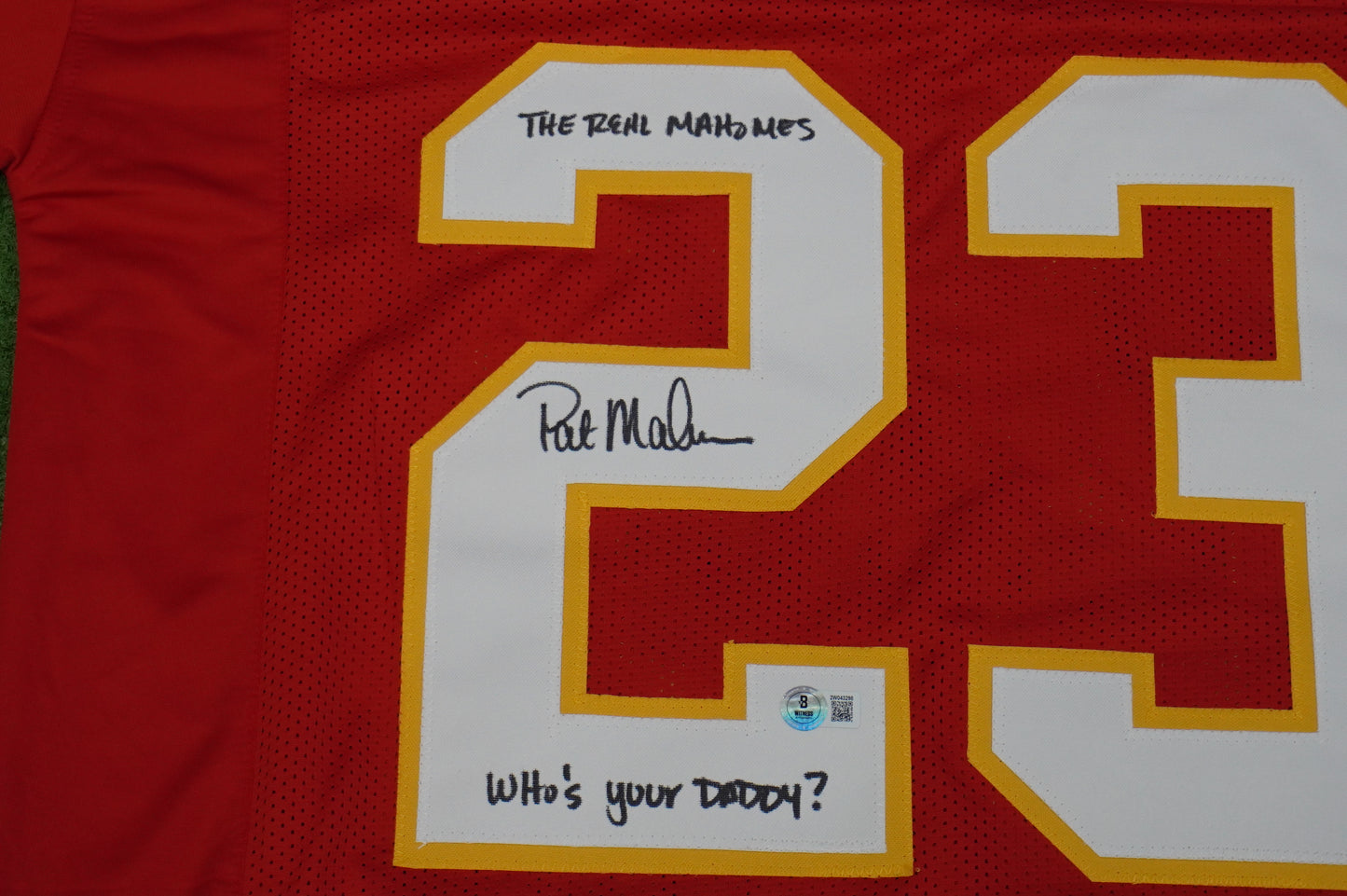 PAT PATRICK MAHOMES SR SIGNED JERSEY KC CHIEFS w/The Real Who'sYourDaddy BAS