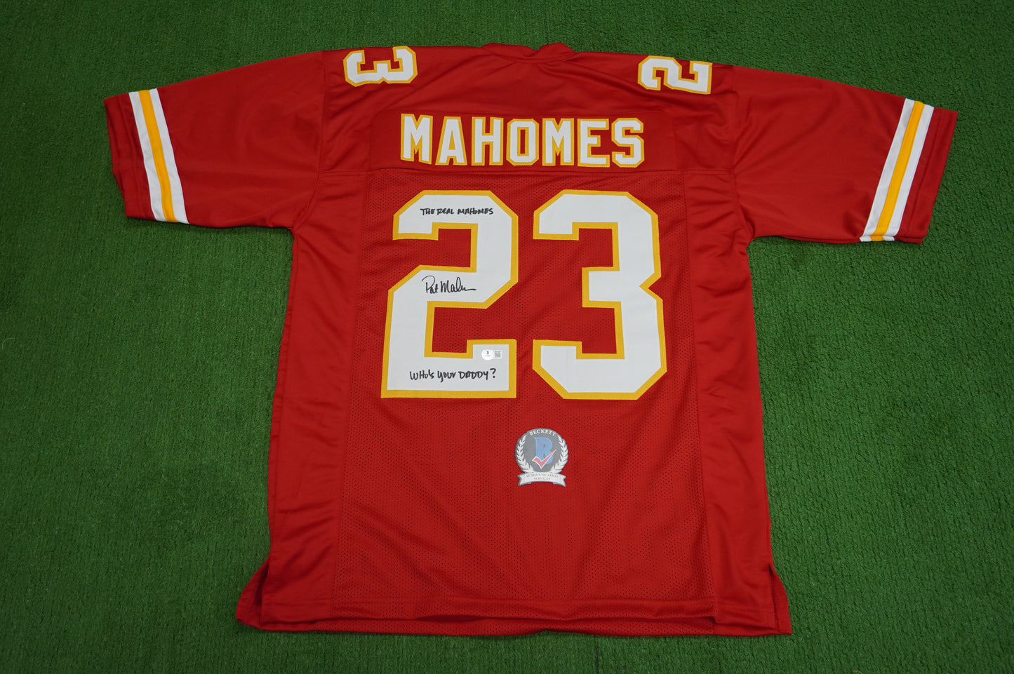 PAT PATRICK MAHOMES SR SIGNED JERSEY KC CHIEFS w/The Real Who'sYourDaddy BAS