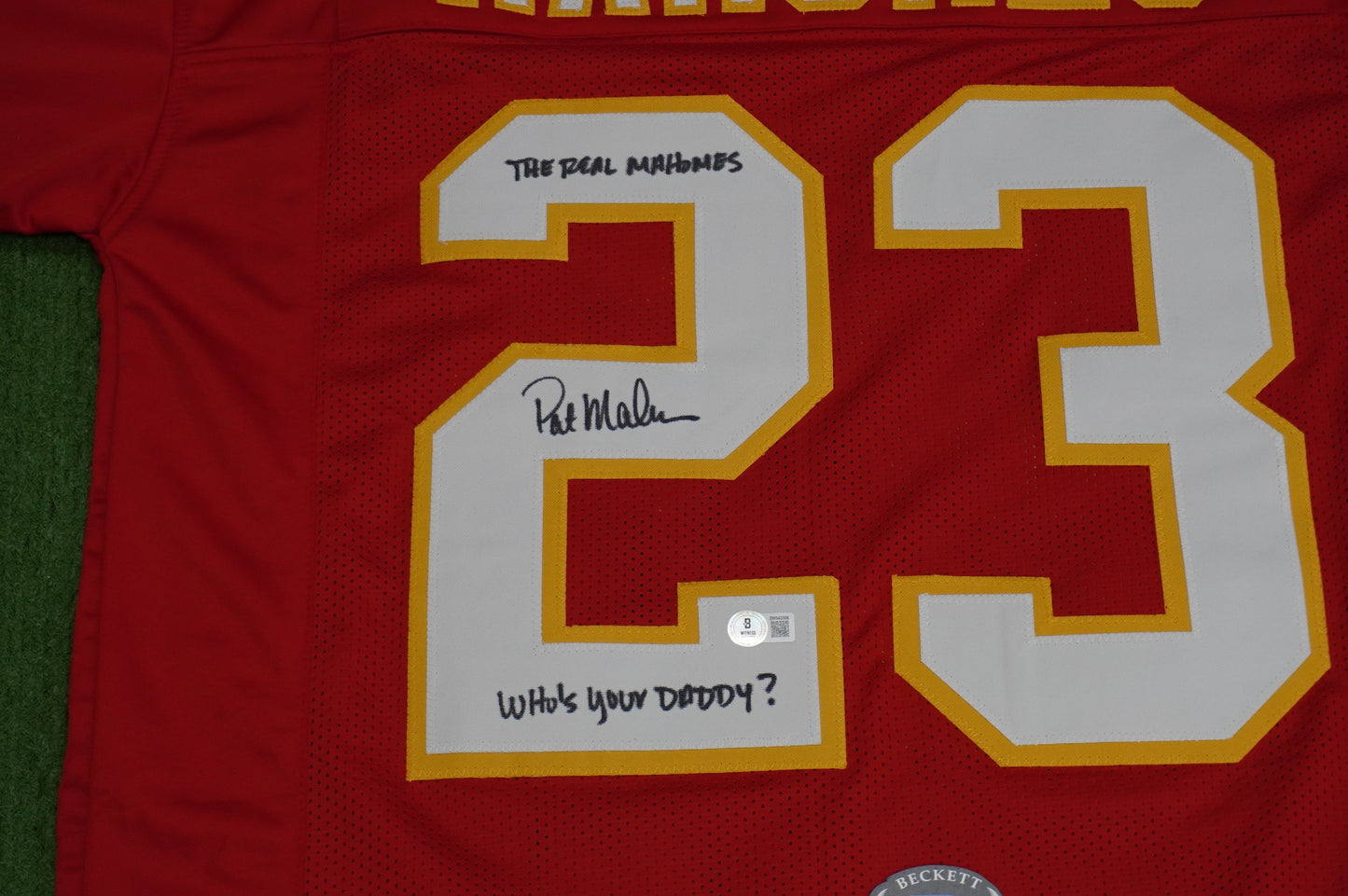 PAT PATRICK MAHOMES SR SIGNED JERSEY KC CHIEFS w/The Real Who'sYourDaddy BAS