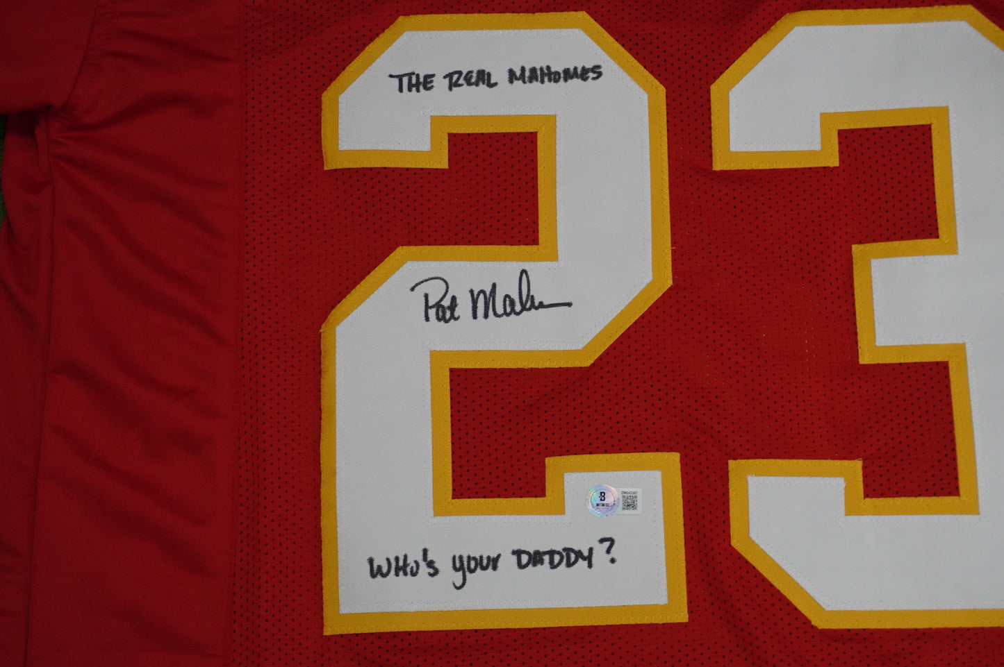 PAT PATRICK MAHOMES SR SIGNED JERSEY KC CHIEFS w/The Real Who'sYourDaddy BAS