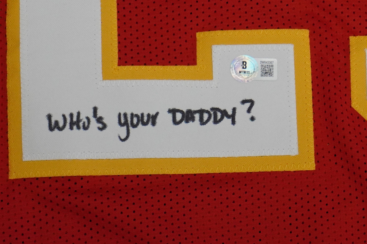 PAT PATRICK MAHOMES SR SIGNED JERSEY KC CHIEFS w/The Real Who'sYourDaddy BAS