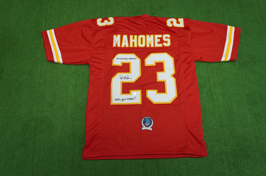 PAT PATRICK MAHOMES SR SIGNED JERSEY KC CHIEFS w/The OG Who'sYourDaddy BAS