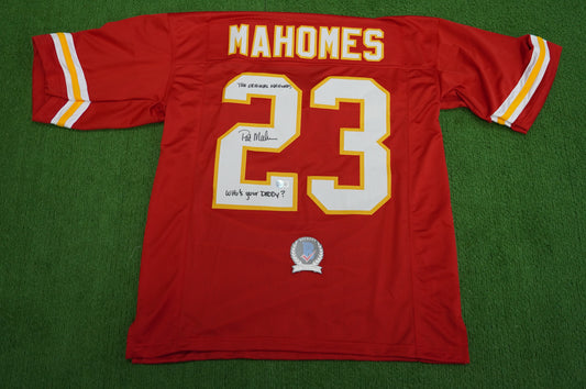 PAT PATRICK MAHOMES SR SIGNED JERSEY KC CHIEFS w/The OG Who'sYourDaddy BAS