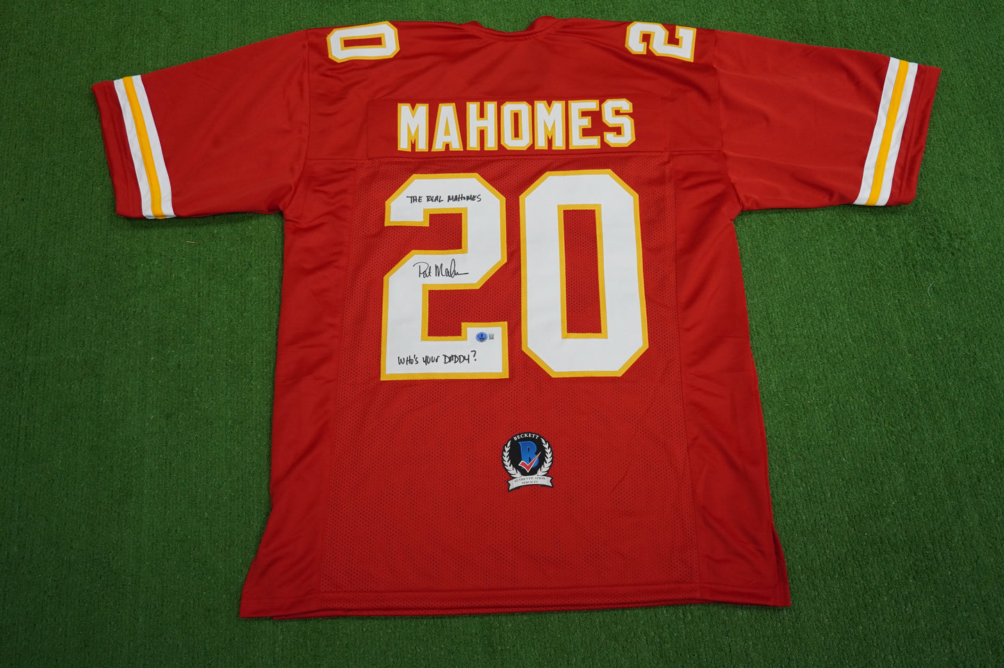 PAT PATRICK MAHOMES SR SIGNED JERSEY KC CHIEFS w/The Real Who'sYourDaddy BAS