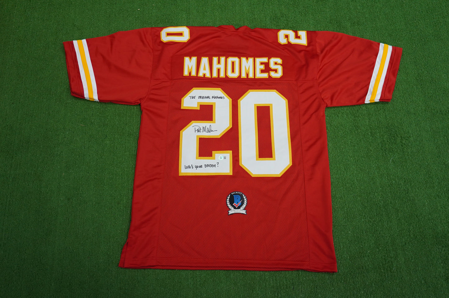 PAT PATRICK MAHOMES SR SIGNED JERSEY KC CHIEFS w/The OG Who'sYourDaddy BAS